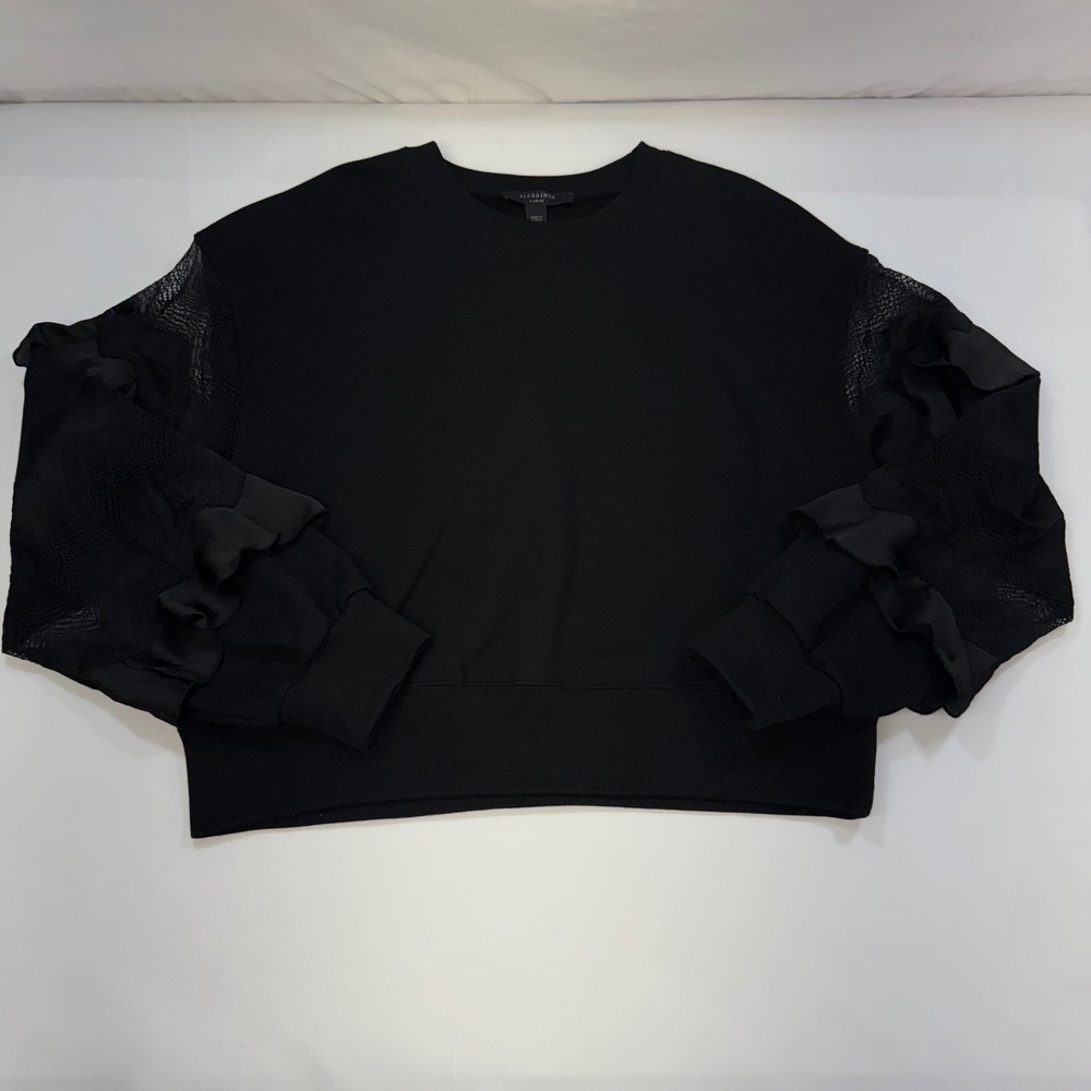 NWOT AllSaints Black Organic Cotton Gracie Sweatshirt Lace Ruffle Sleeve Large - Picture 7 of 15